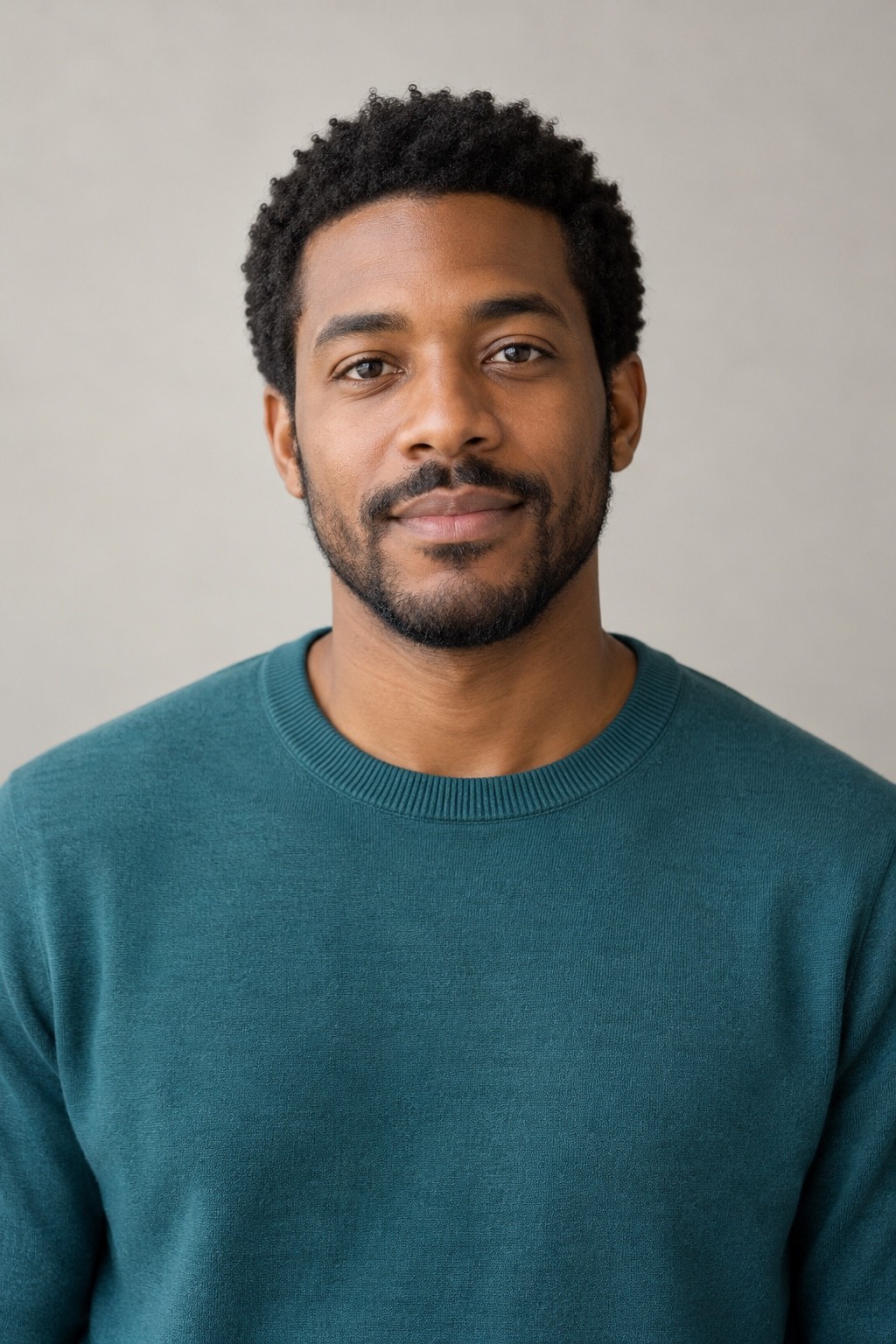 AI-created input portrait of a man wearing a teal sweater